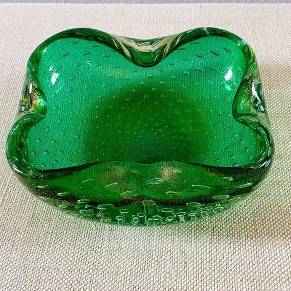 Murano Large Aventurine Bullicante Mid-Century Modern Emerald Green Bowl Ashtray - Picture 7 of 9